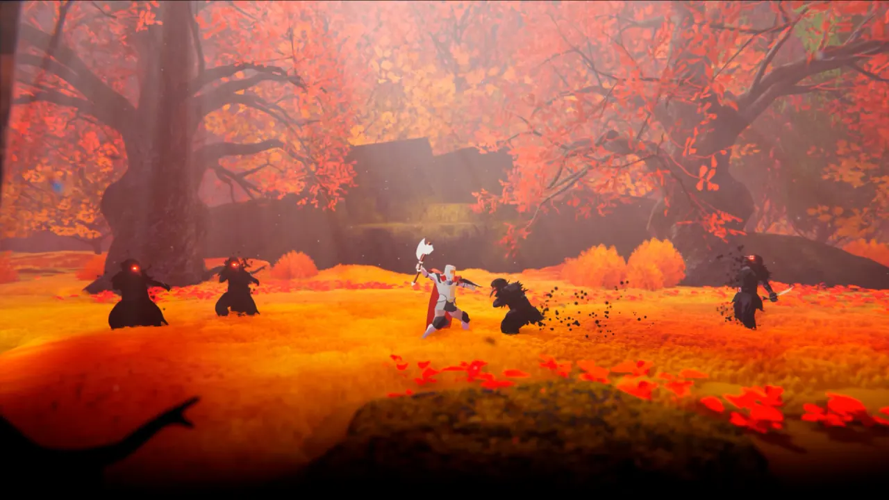 Dark Queen of Samobor: the heroine fights hooded figures in a red autumn forest